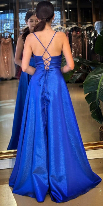 Saks Degaje Yaka İp Askılı Sırt Dekolteli Kloş Etekli Saten Uzun Abiye Elbise 11104-01 - 5