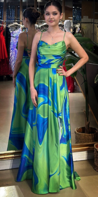 Saks Degaje Yaka İp Askılı Sırt Dekolteli Yırtmaçlı Kloş Etekli Desenli Uzun Abiye Elbise 11082-01 - abiyeniall