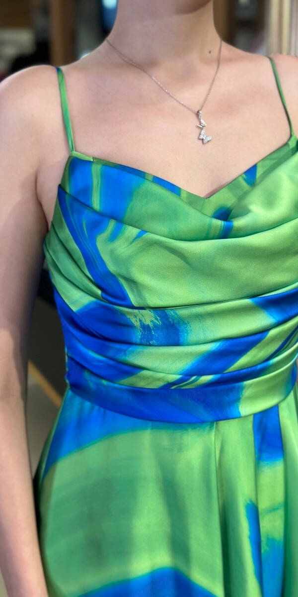 Saks Degaje Yaka İp Askılı Sırt Dekolteli Yırtmaçlı Kloş Etekli Desenli Uzun Abiye Elbise 11082-01 - 4