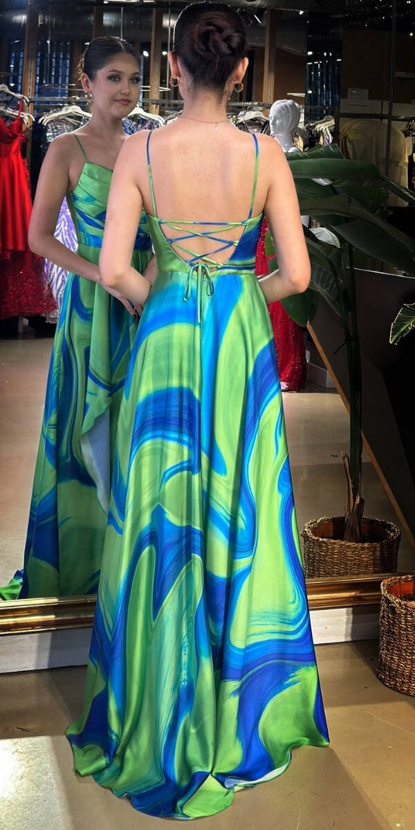 Saks Degaje Yaka İp Askılı Sırt Dekolteli Yırtmaçlı Kloş Etekli Desenli Uzun Abiye Elbise 11082-01 - 5