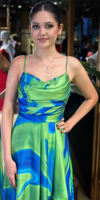 Saks Degaje Yaka İp Askılı Sırt Dekolteli Yırtmaçlı Kloş Etekli Desenli Uzun Abiye Elbise 11082-01 - 3