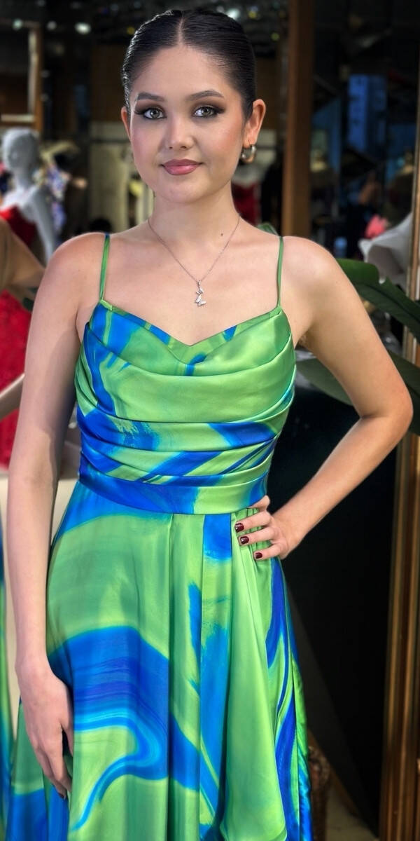 Saks Degaje Yaka İp Askılı Sırt Dekolteli Yırtmaçlı Kloş Etekli Desenli Uzun Abiye Elbise 11082-01 - 3