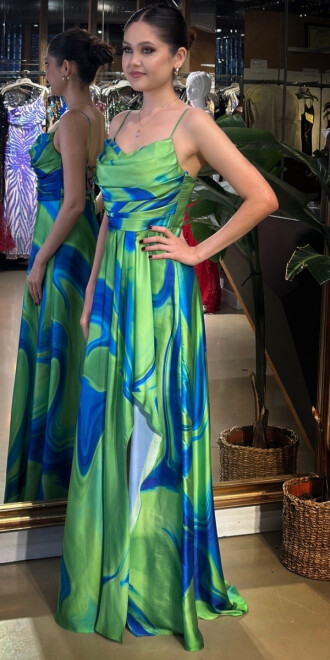 Saks Degaje Yaka İp Askılı Sırt Dekolteli Yırtmaçlı Kloş Etekli Desenli Uzun Abiye Elbise 11082-01 - 2