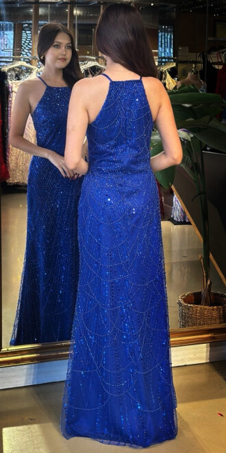 Saks Halter Yaka İp Askılı Düz Kesim Pullu Boncuklu Uzun Abiye Elbise 11103-03 - 5