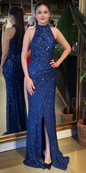 Saks Halter Yaka Yırtmaçlı Düz Kesim Likralı Payet Uzun Abiye Elbise 7781 - abiyeniall