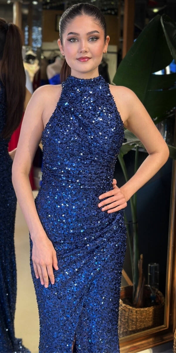 Saks Halter Yaka Yırtmaçlı Düz Kesim Likralı Payet Uzun Abiye Elbise 7781 - 3