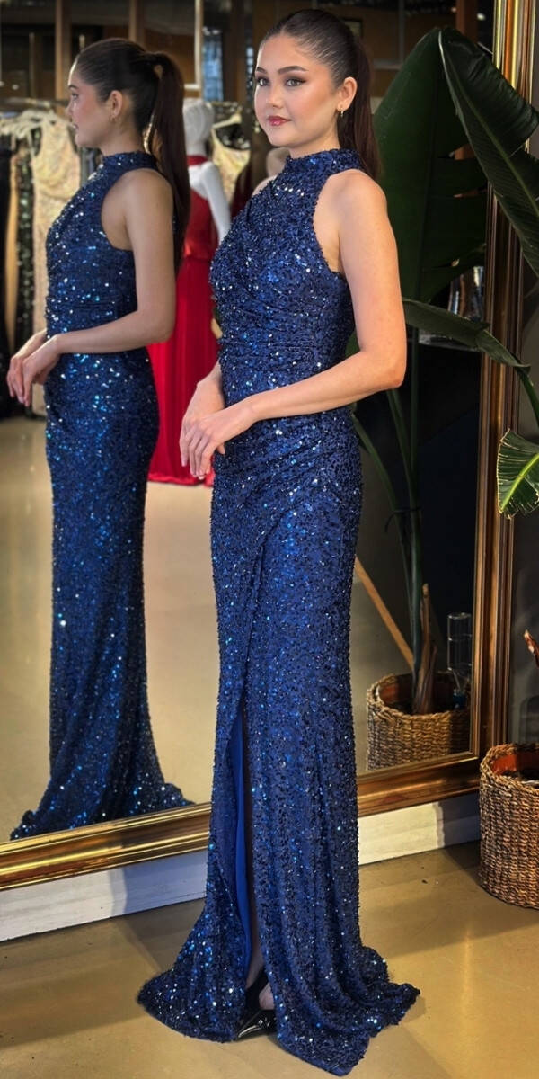 Saks Halter Yaka Yırtmaçlı Düz Kesim Likralı Payet Uzun Abiye Elbise 7781 - 2