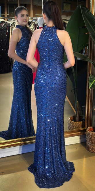 Saks Halter Yaka Yırtmaçlı Düz Kesim Likralı Payet Uzun Abiye Elbise 7781 - 5