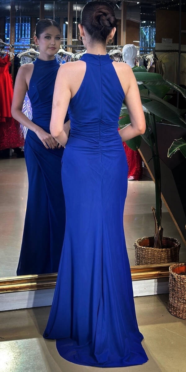 Saks Halter Yaka Yırtmaçlı Düz Kesim Likralı Tül Uzun Abiye Elbise 11084-02 - 5