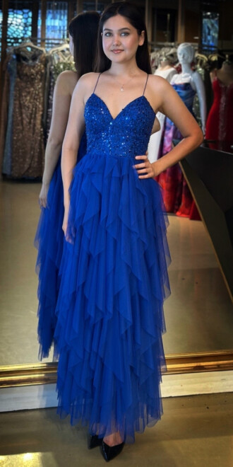 Saks İp Askılı Boncuk İşlemeli Sırt Dekolteli Kloş Etekli Tül Uzun Abiye Elbise 7588 