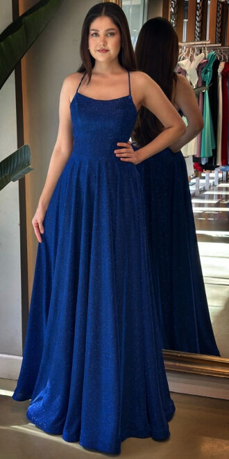 Saks İp Askılı Sırt Dekolteli Kloş Etekli Simli Uzun Abiye Elbise 7601 