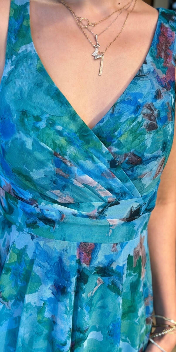 Turkuaz Kalın Askı Kloş Etekli Desenli Tül Uzun Abiye Elbise 7594 - 3