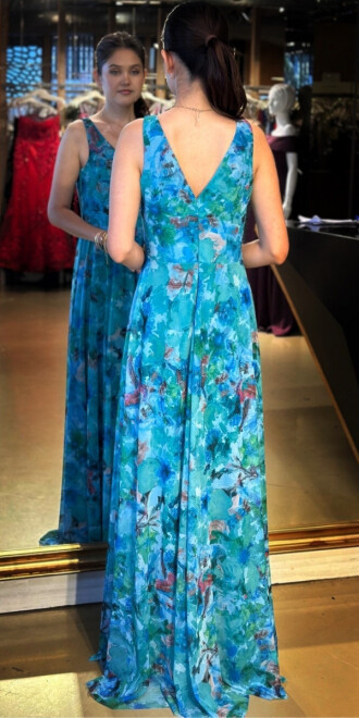 Turkuaz Kalın Askı Kloş Etekli Desenli Tül Uzun Abiye Elbise 7594 - 4