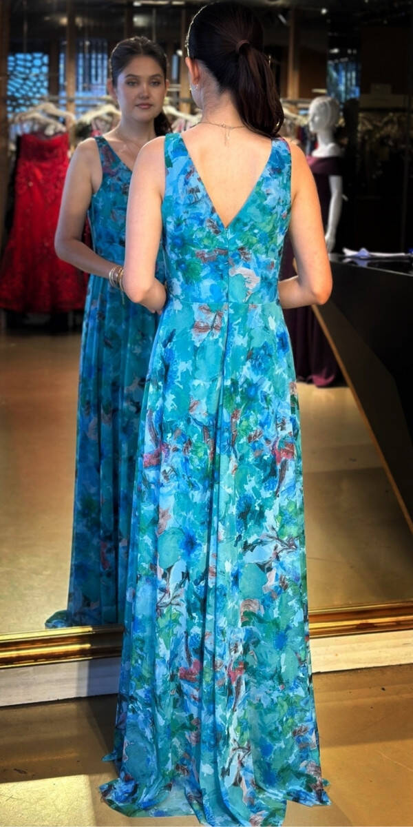 Turkuaz Kalın Askı Kloş Etekli Desenli Tül Uzun Abiye Elbise 7594 - 4