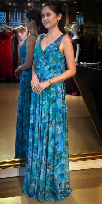 Turkuaz Kalın Askı Kloş Etekli Desenli Tül Uzun Abiye Elbise 7594 - 2