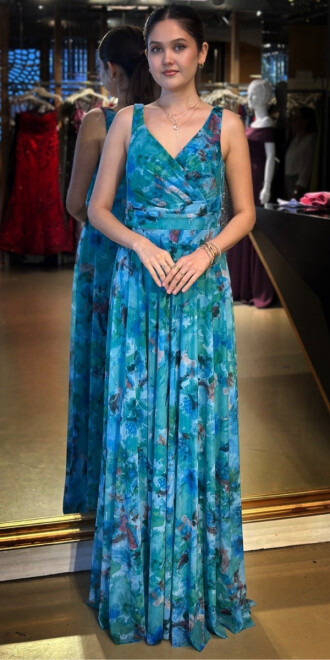 Turkuaz Kalın Askı Kloş Etekli Desenli Tül Uzun Abiye Elbise 7594 - 1