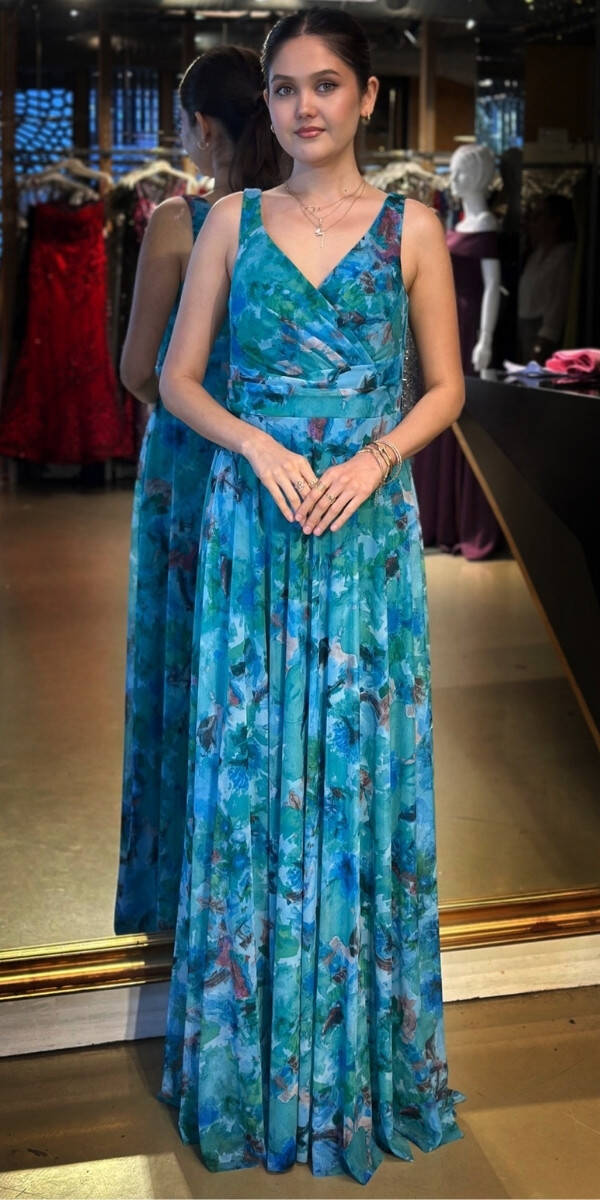 Turkuaz Kalın Askı Kloş Etekli Desenli Tül Uzun Abiye Elbise 7594 - 1