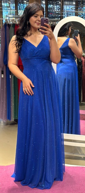 Saks Kalın Askı Kloş Etekli Simli Kumaş Uzun Abiye Elbise 7117 - abiyeniall