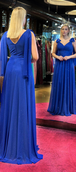 Saks Kalın Askı Kloş Etekli Simli Kumaş Uzun Abiye Elbise 7557 - 5