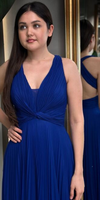 Saks Kalın Askı Sırt Dekolteli Kloş Etekli Şiifon Tül Uzun Abiye Elbise 7645 - 2