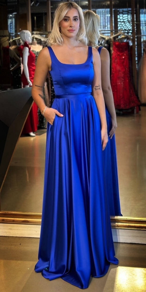 Saks Kalın Askı V Yaka Sırt Dekolteli Kloş Etekli Saten Uzun Abiye Elbise 11091 - 1