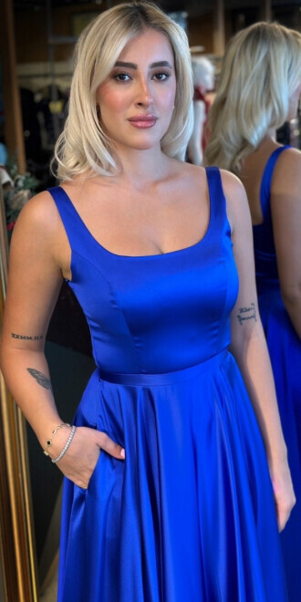 Saks Kalın Askı V Yaka Sırt Dekolteli Kloş Etekli Saten Uzun Abiye Elbise 11091 - 3