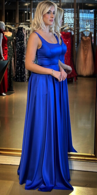 Saks Kalın Askı V Yaka Sırt Dekolteli Kloş Etekli Saten Uzun Abiye Elbise 11091 - 2