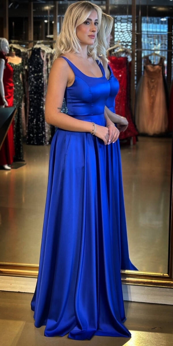 Saks Kalın Askı V Yaka Sırt Dekolteli Kloş Etekli Saten Uzun Abiye Elbise 11091 - 2