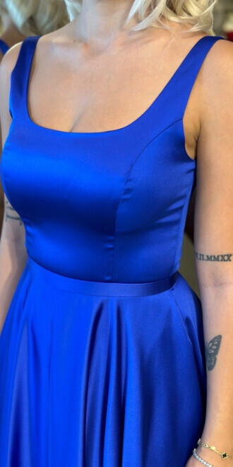 Saks Kalın Askı V Yaka Sırt Dekolteli Kloş Etekli Saten Uzun Abiye Elbise 11091 - 4