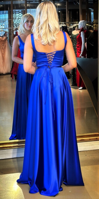 Saks Kalın Askı V Yaka Sırt Dekolteli Kloş Etekli Saten Uzun Abiye Elbise 11091 - 5