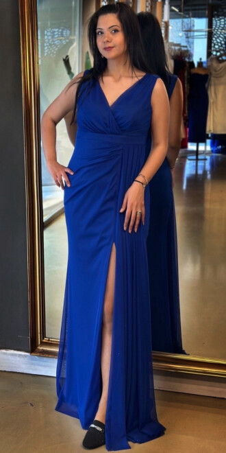 Saks Kalın Askı Yırtmaçlı Düz Kesim Likralı Uzun Abiye Elbise 7648 