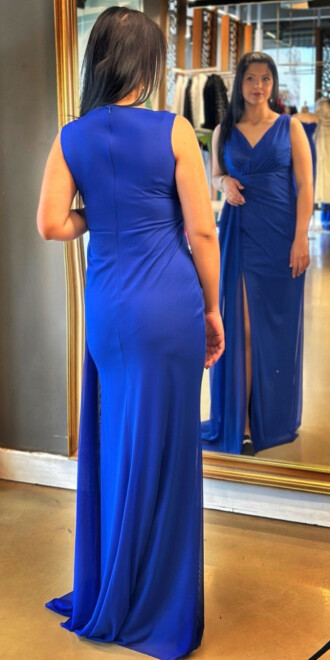 Saks Kalın Askı Yırtmaçlı Düz Kesim Likralı Uzun Abiye Elbise 7648 - 5