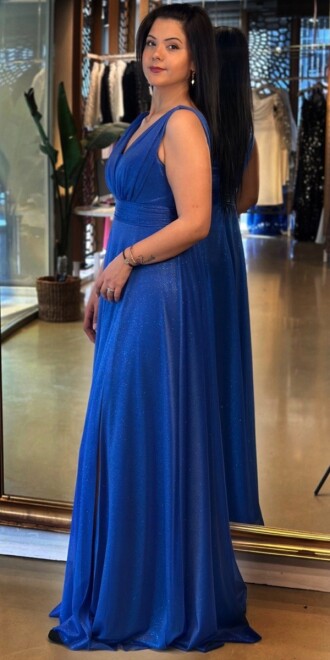 Saks Kalın Askı Yırtmaçlı Kloş Etekli Simli Uzun Abiye Elbise 7205 - 3