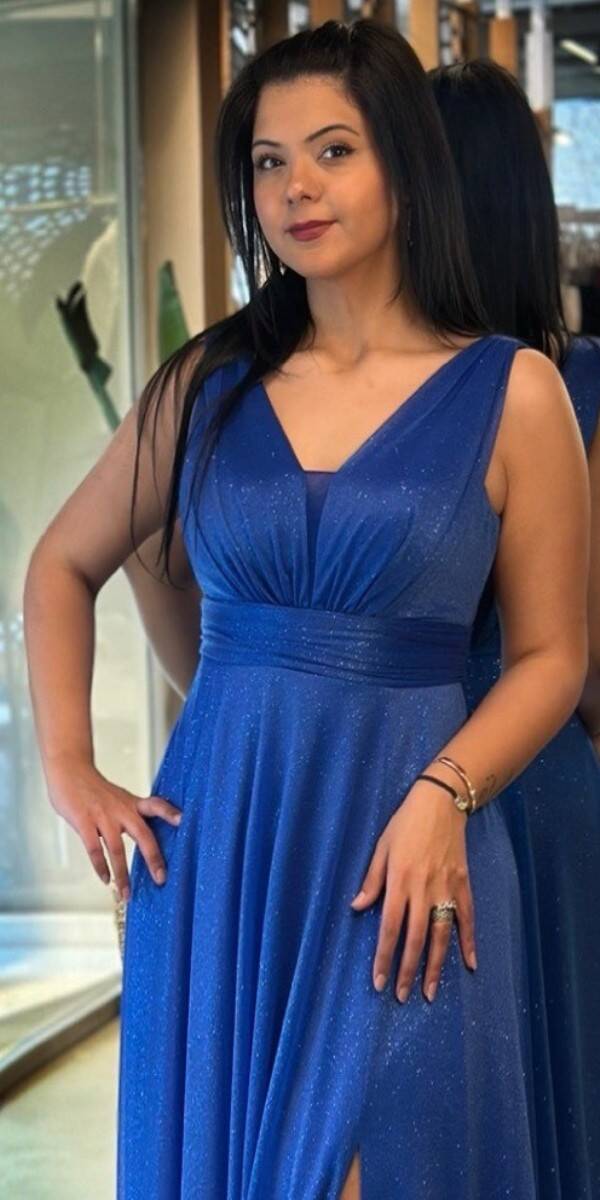 Saks Kalın Askı Yırtmaçlı Kloş Etekli Simli Uzun Abiye Elbise 7205 - 2