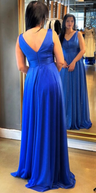 Saks Kalın Askı Yırtmaçlı Kloş Etekli Simli Uzun Abiye Elbise 7205 - 4