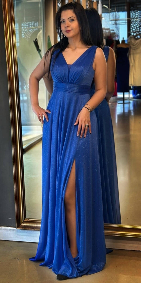 Saks Kalın Askı Yırtmaçlı Kloş Etekli Simli Uzun Abiye Elbise 7205 - 1