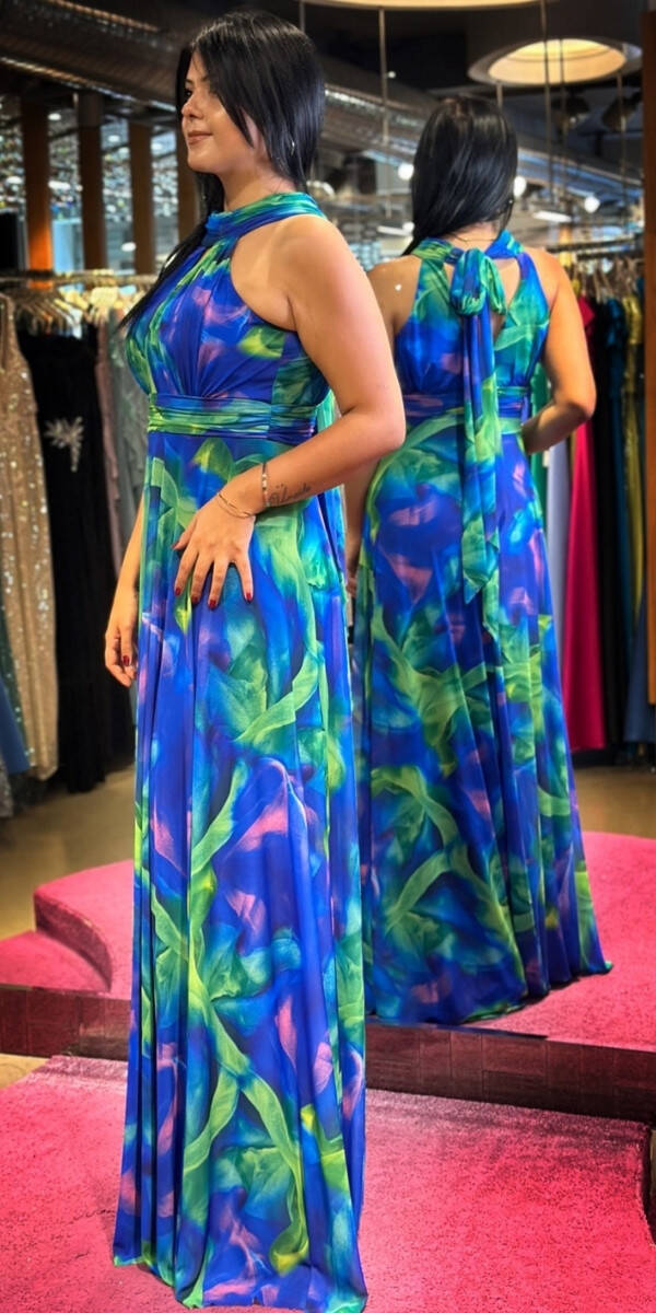 Saks Stefanel Yaka Kloş Etekli Desenli Uzun Abiye Elbise 7611 - 3
