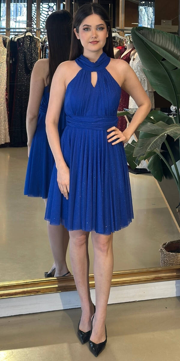 Saks Sırt Dekolteli Kloş Etekli Simli Kumaş Kısa Abiye Elbise 6710 - 1