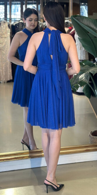 Saks Sırt Dekolteli Kloş Etekli Simli Kumaş Kısa Abiye Elbise 6710 - 2