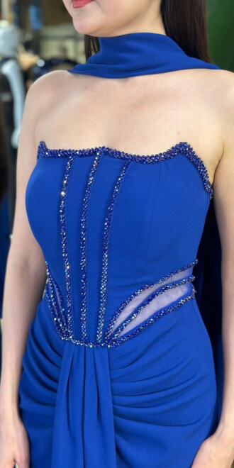 Saks Straplez Yaka Bel Dekolteli Düz Kesim Likralı Krep Uzun Abiye Elbise 11174-02 - 4