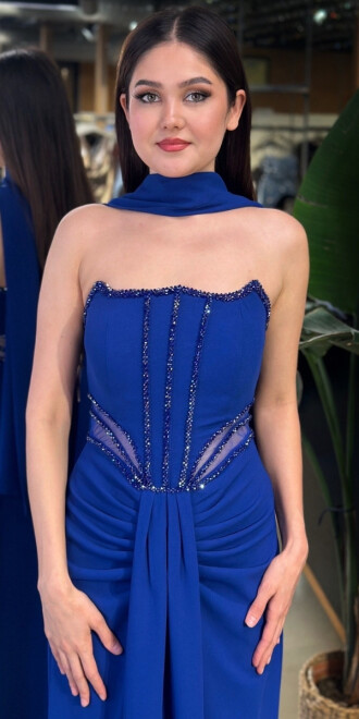 Saks Straplez Yaka Bel Dekolteli Düz Kesim Likralı Krep Uzun Abiye Elbise 11174-02 - 3