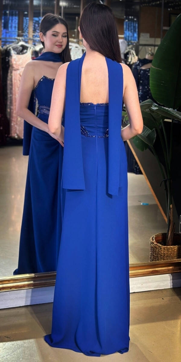 Saks Straplez Yaka Bel Dekolteli Düz Kesim Likralı Krep Uzun Abiye Elbise 11174-02 - 5