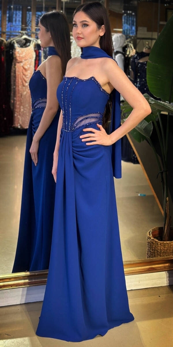 Saks Straplez Yaka Bel Dekolteli Düz Kesim Likralı Krep Uzun Abiye Elbise 11174-02 - 2