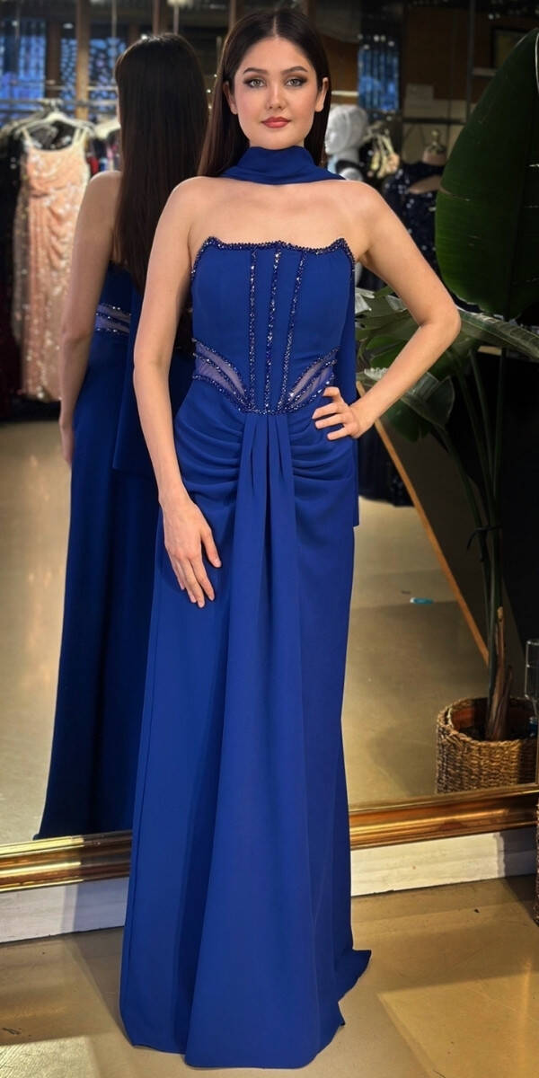 Saks Straplez Yaka Bel Dekolteli Düz Kesim Likralı Krep Uzun Abiye Elbise 11174-02 - 1