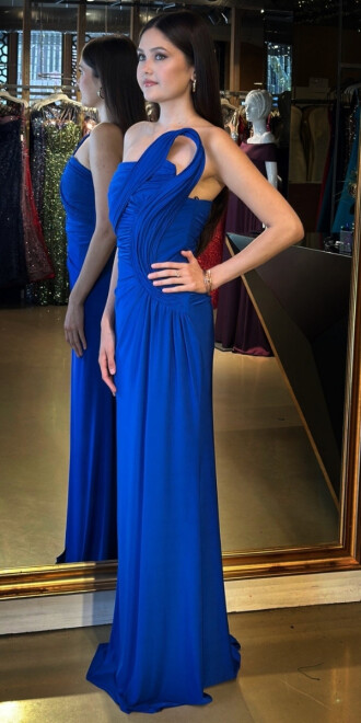 Saks Straplez Yaka Detaylı Yırtmaçlı Düz Kesim Likralı Uzun Abiye Elbise 11031 - 2