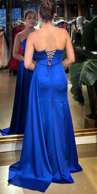 Saks Straplez Yaka Sırt Dekolteli Düz Kesim Saten Uzun Abiye Elbise 11131-03 - 5