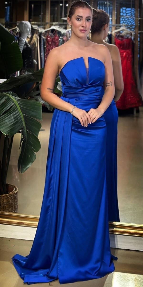 Saks Straplez Yaka Sırt Dekolteli Düz Kesim Saten Uzun Abiye Elbise 11131-03 - 1