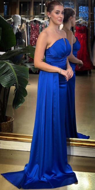 Saks Straplez Yaka Sırt Dekolteli Düz Kesim Saten Uzun Abiye Elbise 11131-03 - 2