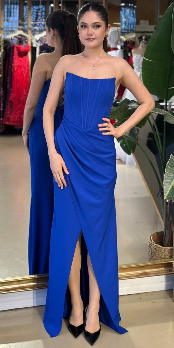 Saks Straplez Yaka Sırt Dekolteli Yırtmaçlı Düz Kesim Krep Uzun Abiye Elbise 11175-04 - 1