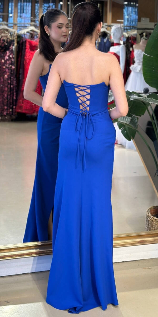 Saks Straplez Yaka Sırt Dekolteli Yırtmaçlı Düz Kesim Krep Uzun Abiye Elbise 11175-04 - 5